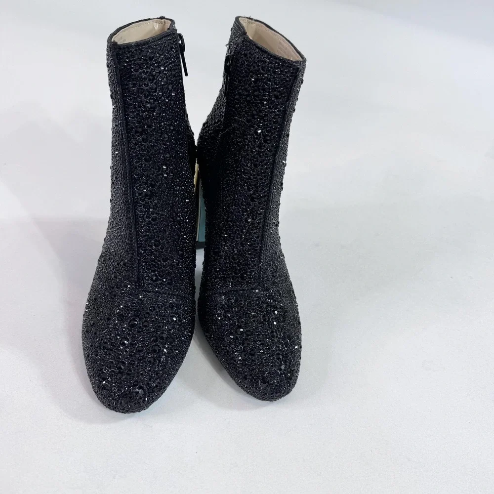 Betsey Johnson Boots Womens Size 6.5 Black Rhinestone Ankle Block Heel SB-HUGO